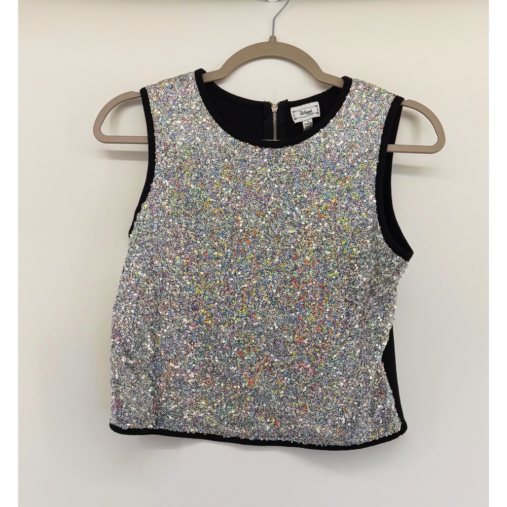 D-Signed Disney Girls Silver Holographic Sequin‎ Sleeveless Top Black Back 14/16